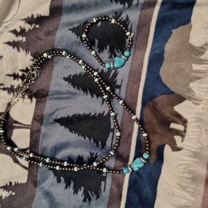 Turquoise and Black Hand Beaded Necklace and Bracelet Set